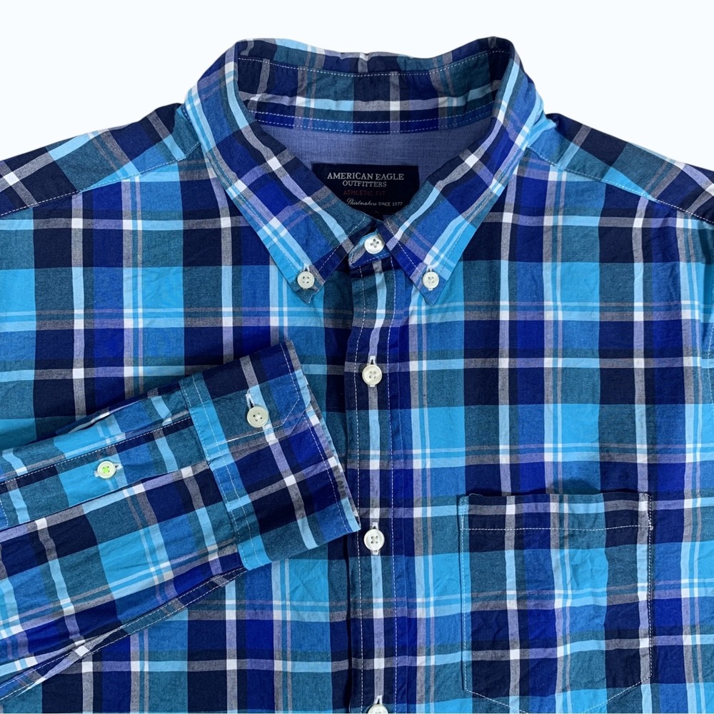 American Eagle Button Down Shirt Mens Large Blue Plaid Athletic Fit Long Sleeve‎